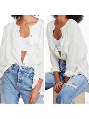 We The Free People Keep It Simple White Linen Blend  Button Top 🤍🌿🧺